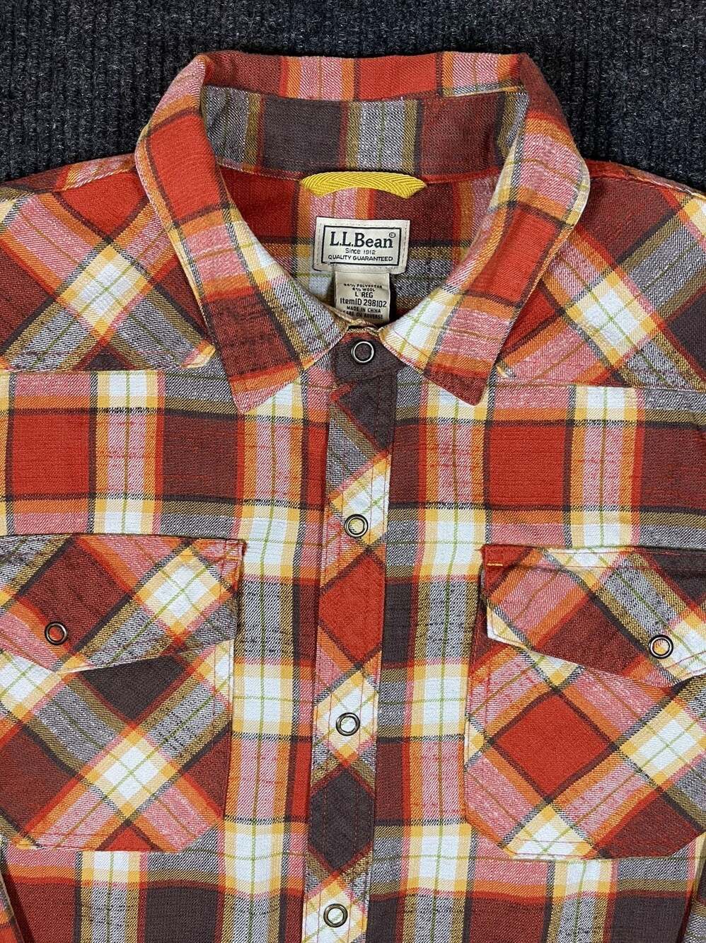 L.L. Bean Plaid Western Snap Flannel Shirt Size L Regular Red Wool Blend